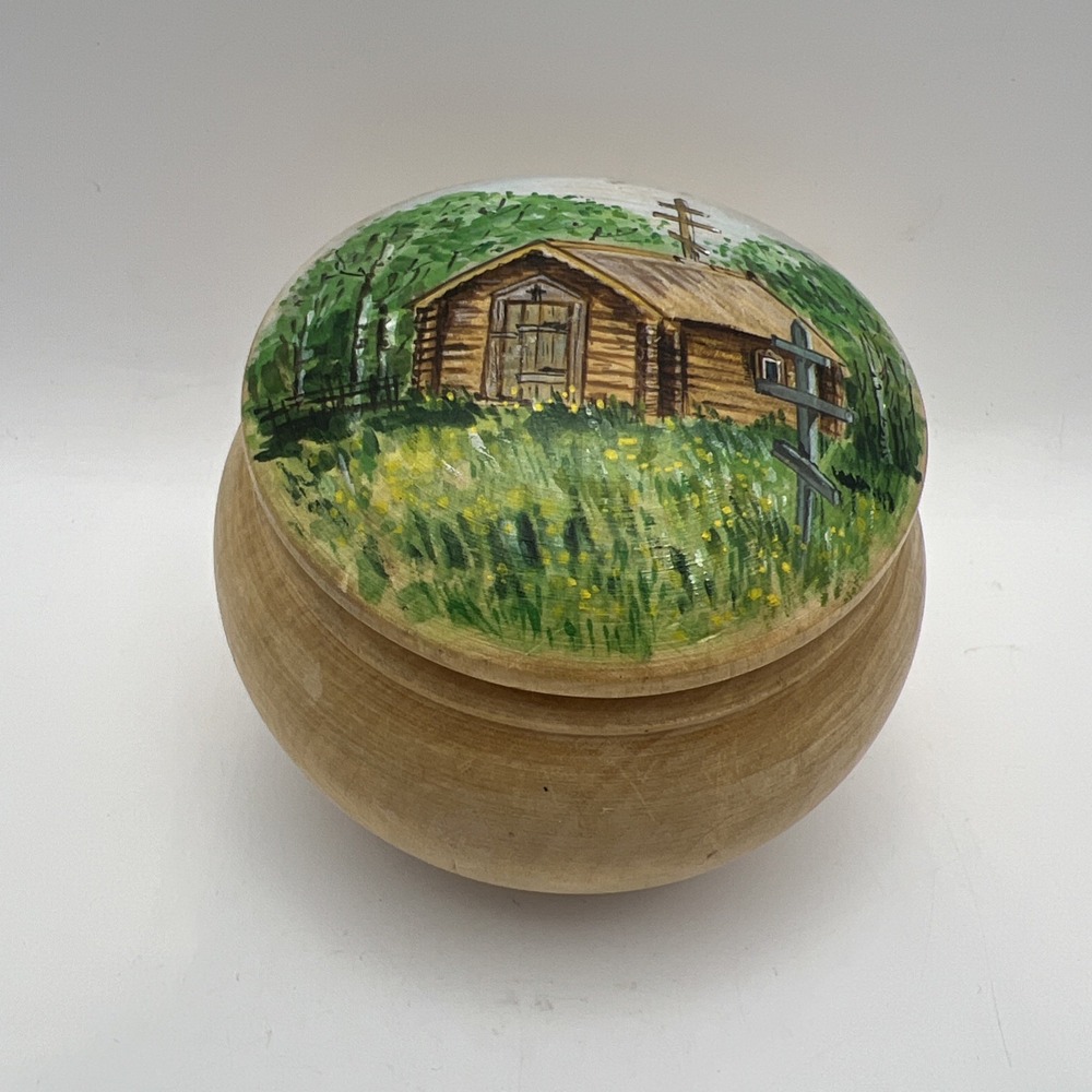 Vintage 1994 Russian Folk Art Hand Painted Turned Wood Trinket Box Signed Nikel